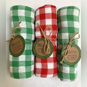 3 MU Kitchen Tea Towels 20x30 in oversized red green white check buffalo plaid